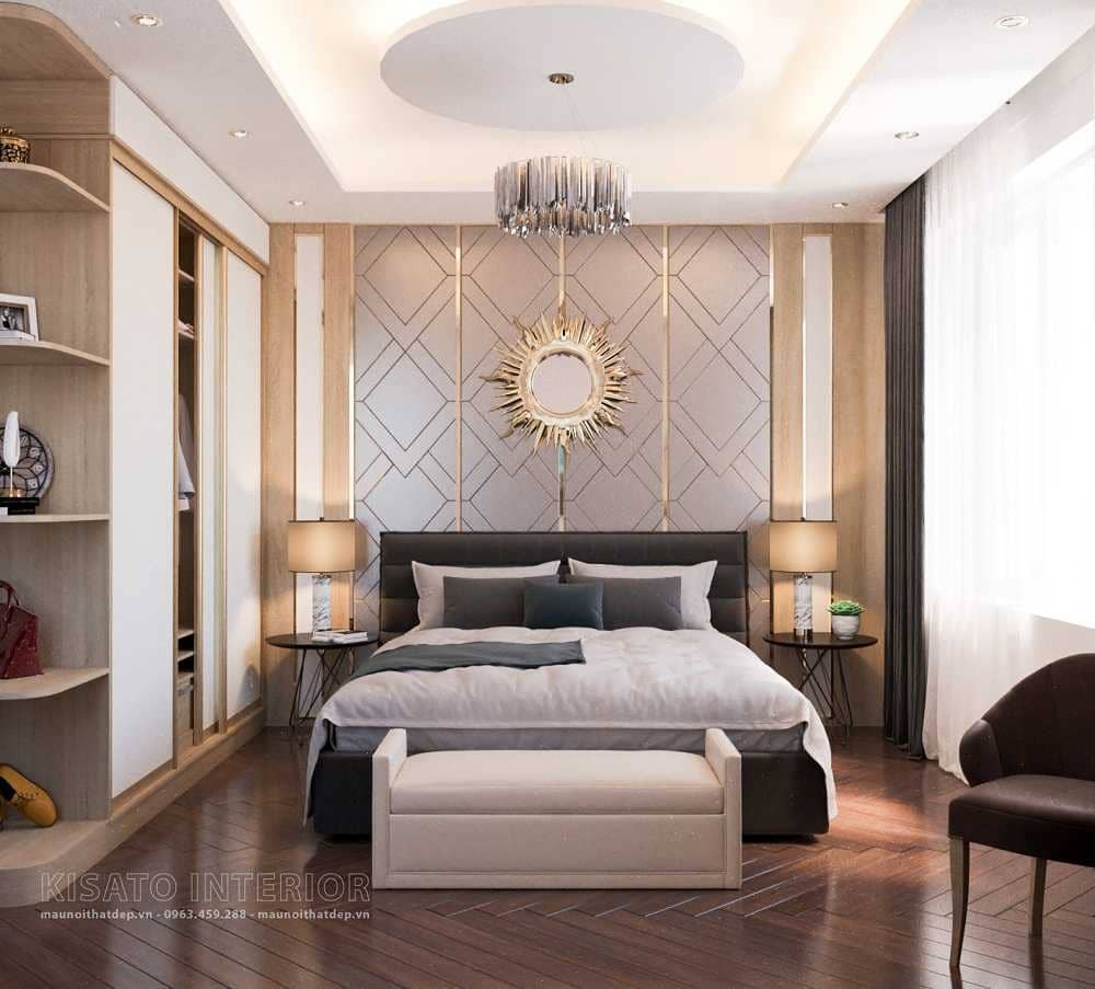 Sàn gỗ trầm ấm và ánh sáng dịu nhẹ trong nội thất phòng ngủ của biệt thự phòng khách bếp phòng ngủ