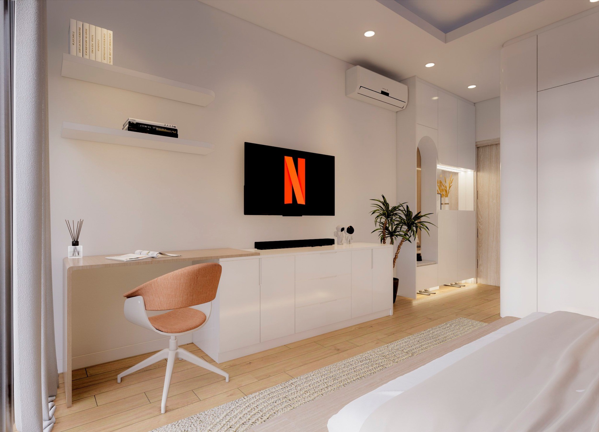 Kết nối không gian nội thất phòng ngủ với thiên nhiên qua cửa kính lớn
