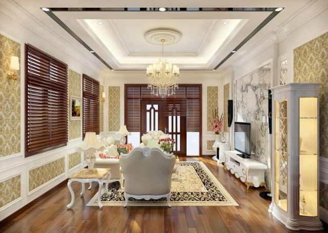 Kết hợp đèn chùm với trần giật cấp cho la phông phòng ngủ sang trọng