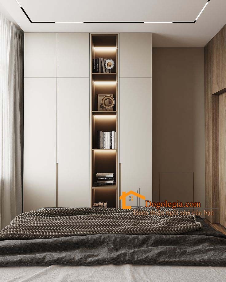 Mẫu tủ tường gỗ phòng ngủ hiện đại kịch trần với kệ trang trí độc đáo