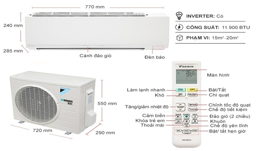 Máy lạnh Daikin Inverter 1.5 HP ATKC35UAVMV hiển thị thông số kỹ thuật