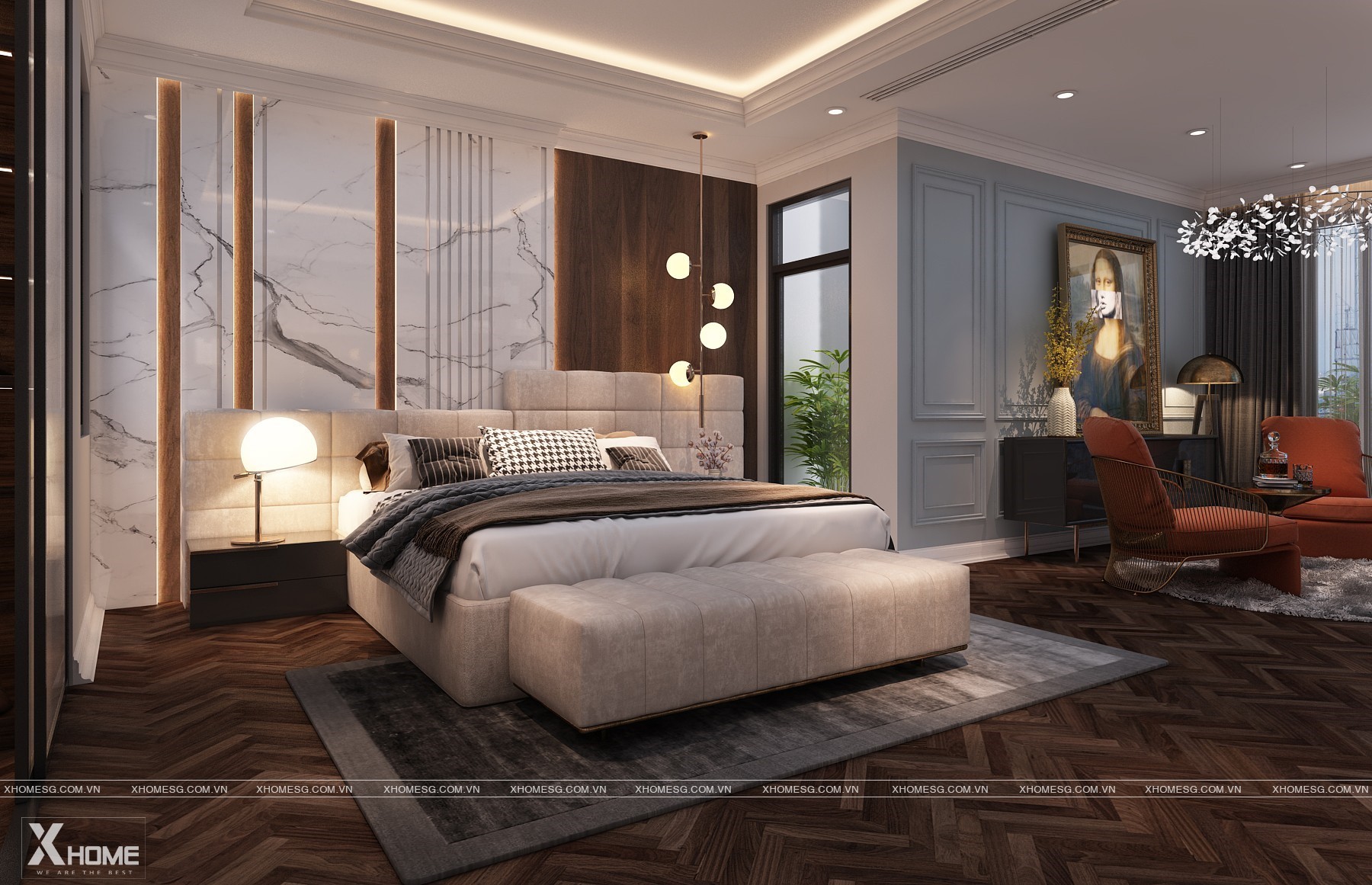 Chi tiết trang trí tường và nội thất đồng bộ trong thiết kế phòng ngủ tân cổ điển
