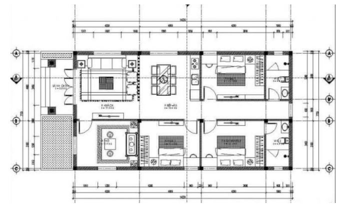 Sơ đồ bố trí nhà 1 tầng có phòng thờ đối diện phòng khách, 3 phòng ngủ phía sau