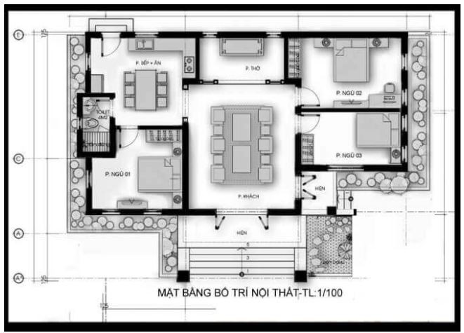 Thiết kế nhà cấp 4 bố trí phòng thờ trang nghiêm phía sau phòng khách chính