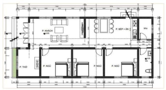 Mặt bằng nhà ống 1 tầng 136m2 với phòng thờ riêng hướng mặt tiền