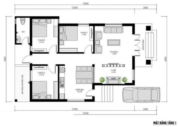 Bản vẽ nhà cấp 4 15.5x9.4m với phòng thờ được ngăn cách nhẹ nhàng gần phòng khách