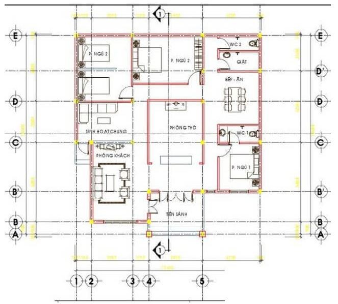 Sơ đồ bố trí phòng thờ ở vị trí trung tâm uy nghiêm nhất trong nhà cấp 4