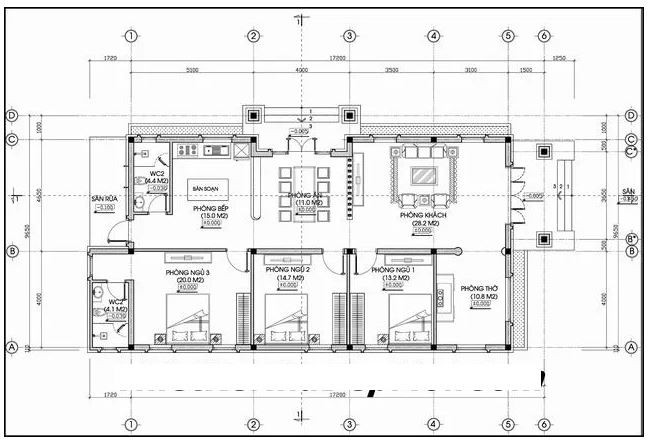 Mặt bằng nhà cấp 4 diện tích 17x9m với phòng thờ riêng biệt bố trí cạnh sảnh