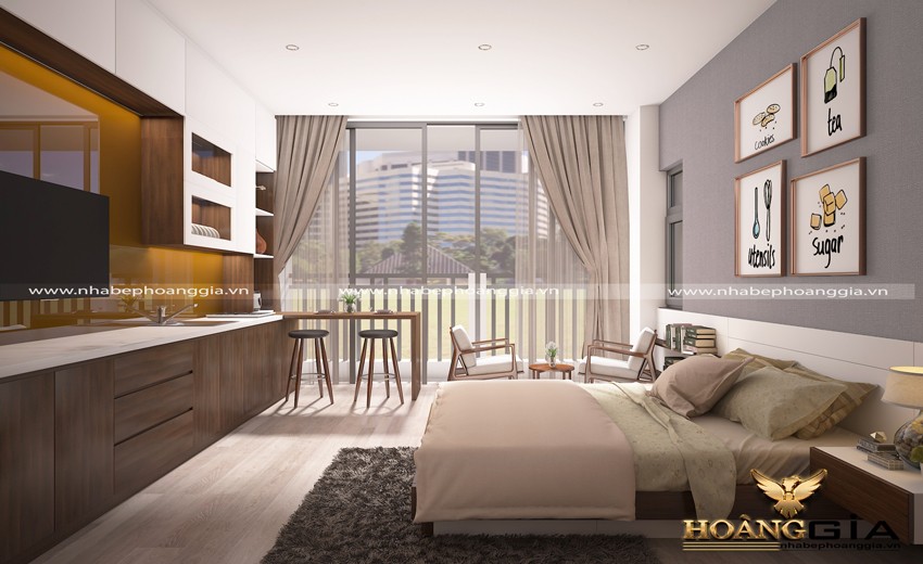 nhà bếp kết hợp với phòng ngủ