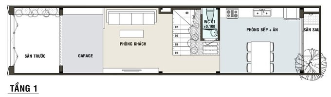 Mặt bằng tầng 1 nhà ống 3 tầng - bố trí gara, khách, bếp
