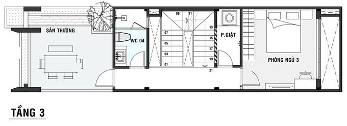 Bố trí công năng tầng 3 nhà hộp với phòng ngủ