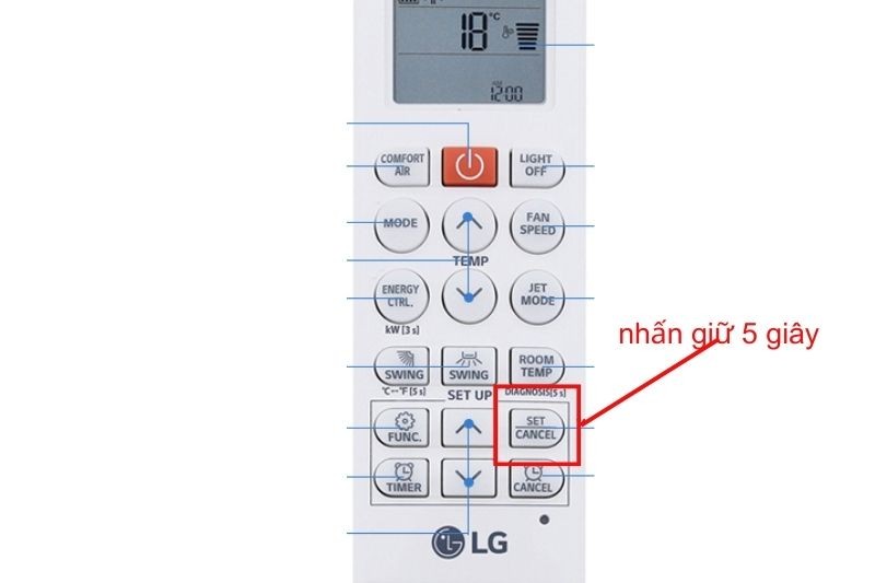 Cách test remote máy lạnh LG: Nhấn giữ nút Cancel trên remote