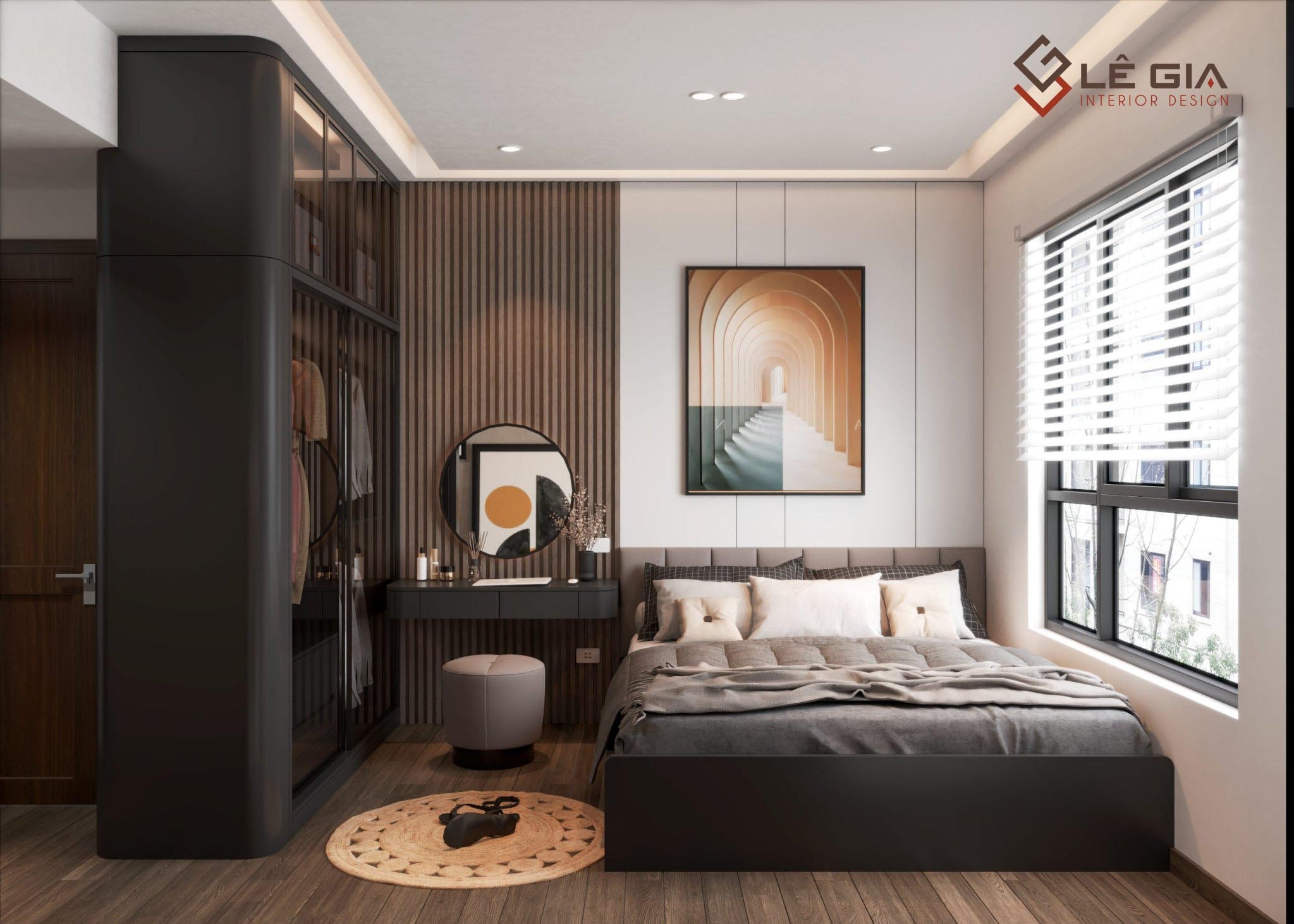 Phòng ngủ master với giường và tủ gỗ tối màu
