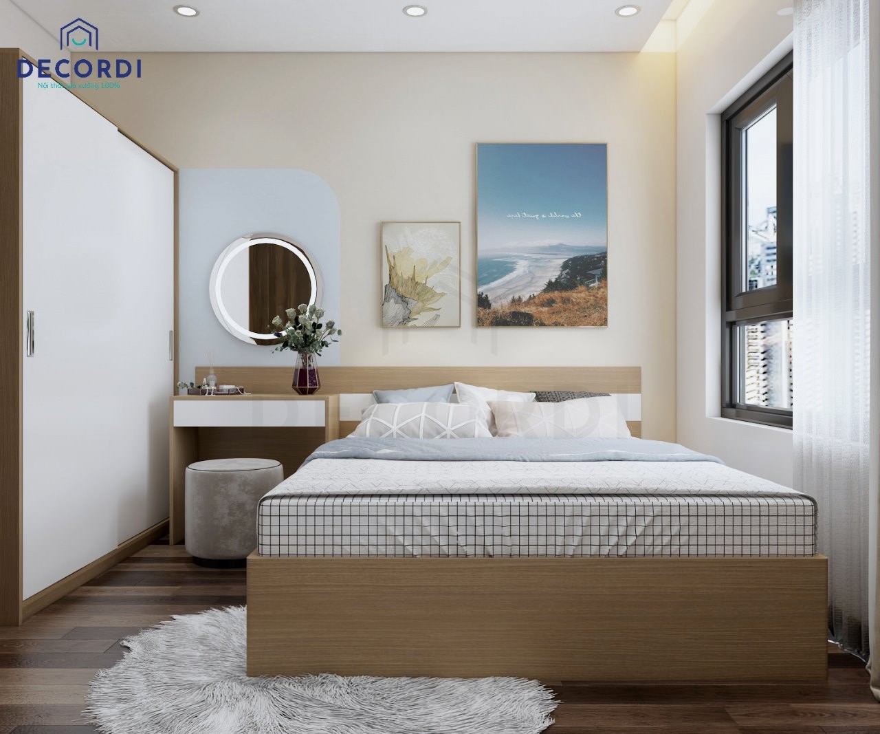 Trang trí phòng ngủ 8m2 (tương tự 10m2) cho vợ chồng theo phong cách hiện đại, kết hợp gam màu trung tính và tranh treo tường