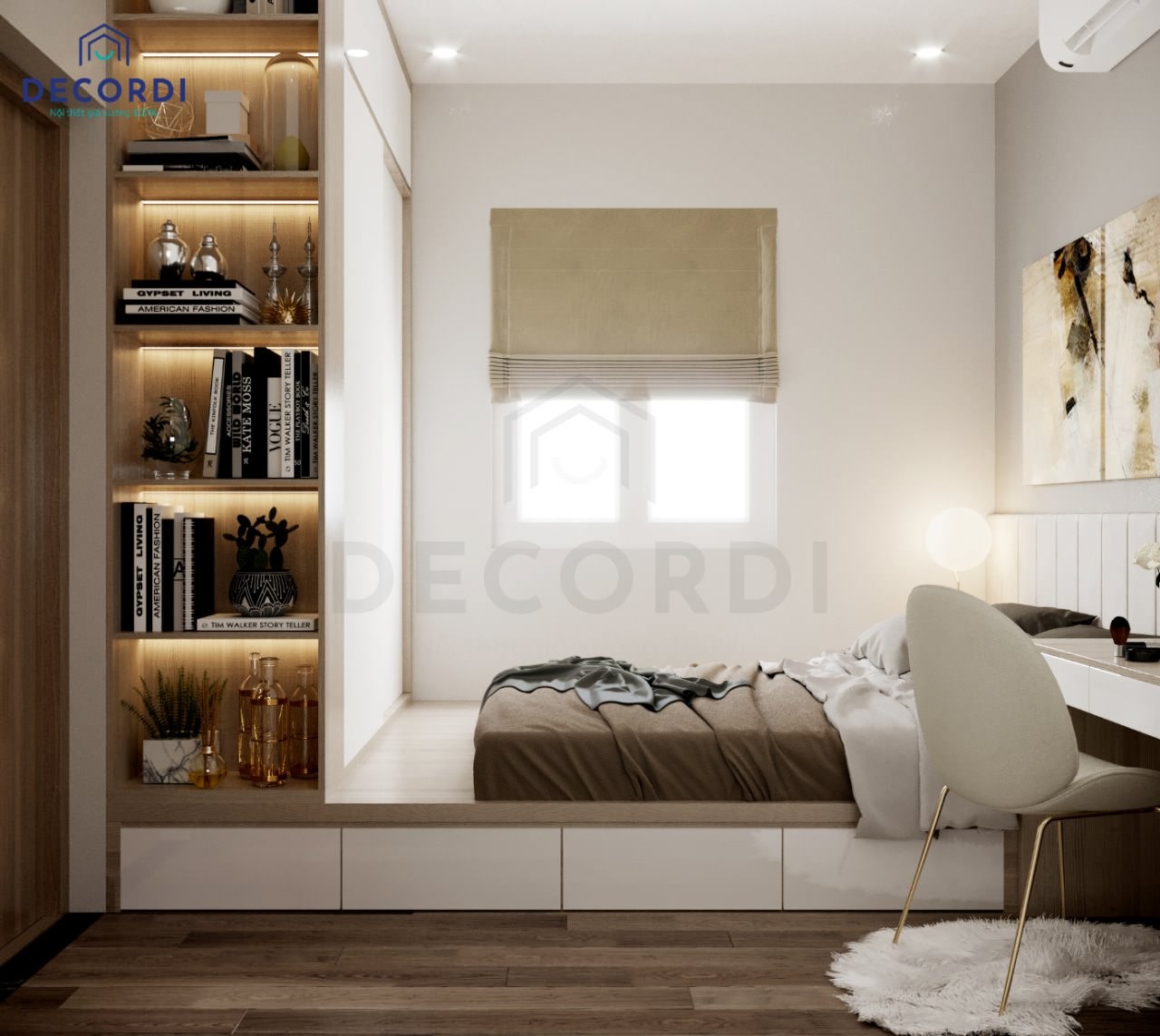 Thiết kế phòng ngủ 10m2 cho vợ chồng với giường bục tích hợp tủ quần áo cửa lùa, tối ưu không gian lưu trữ