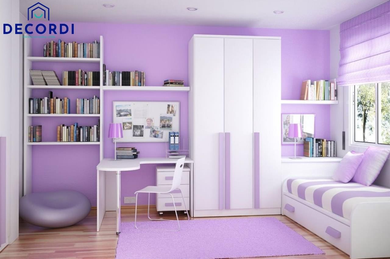 Phòng ngủ rộng màu tím trắng với nhiều nội thất thông minh