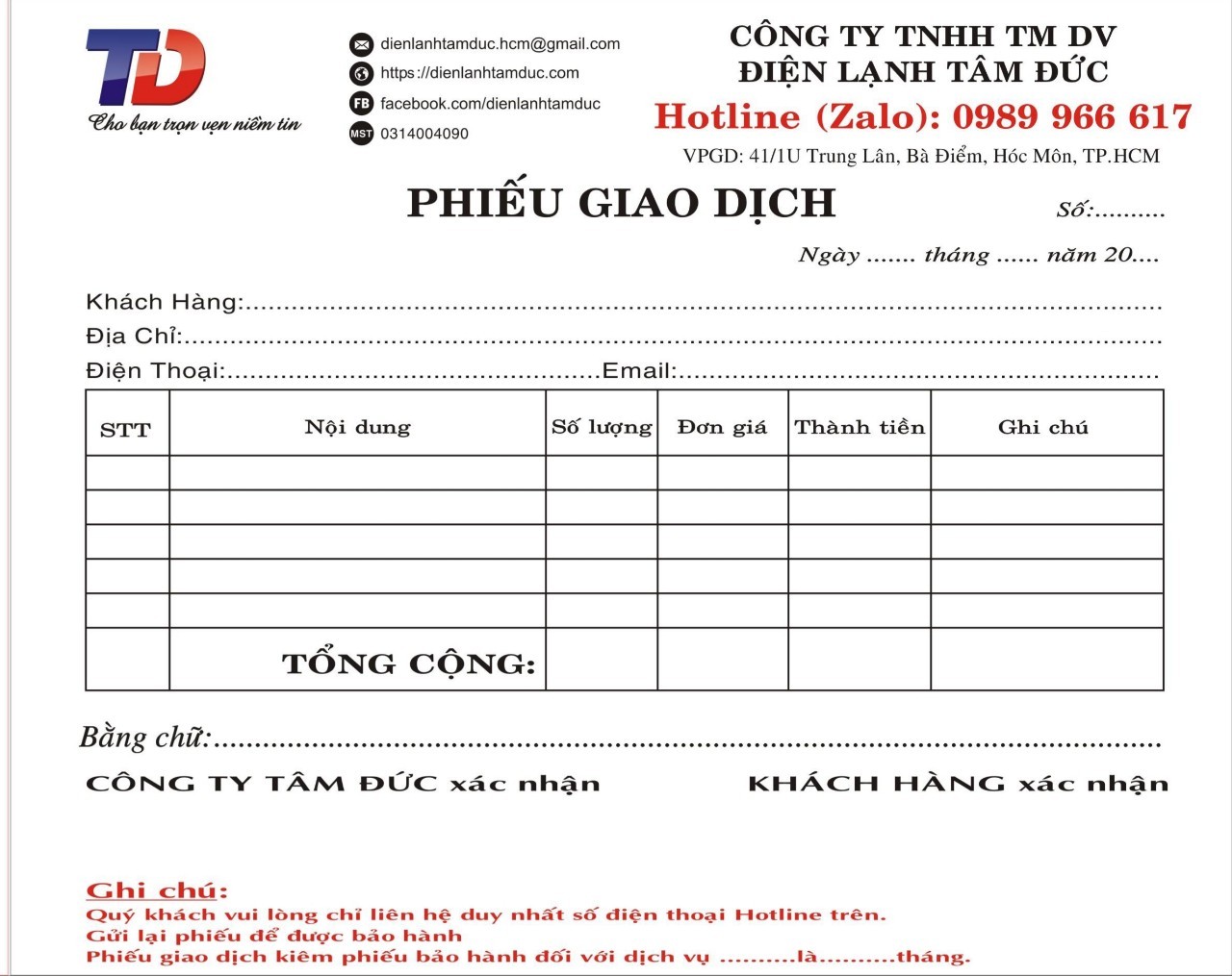 Phiếu dịch vụ vệ sinh máy lạnh Tâm Đức Quận 1