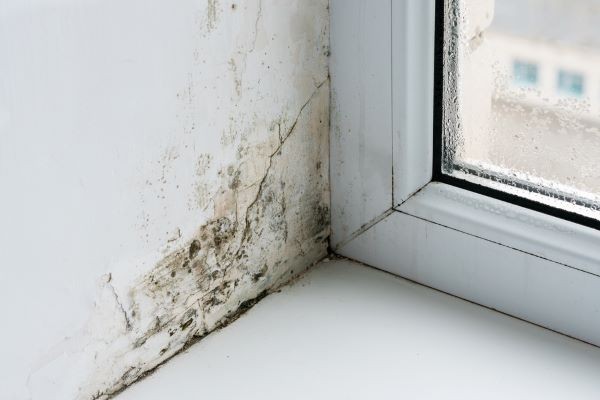 Hình ảnh minh họa các yếu tố gây phòng ngủ bị ẩm mốc: thiếu thông gió, độ ẩm cao