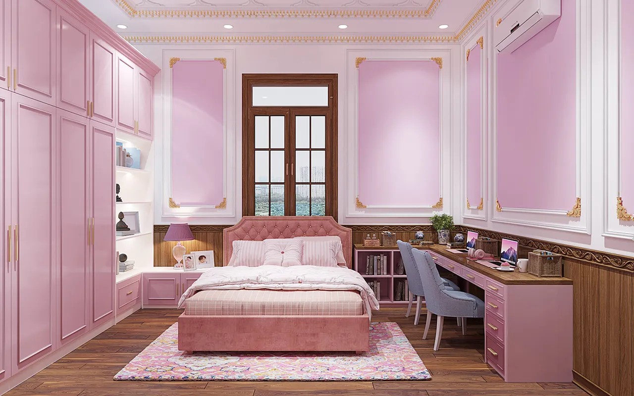 Mẫu phòng ngủ phong cách tân cổ điển cùng với tone hồng nhẹ nhàng