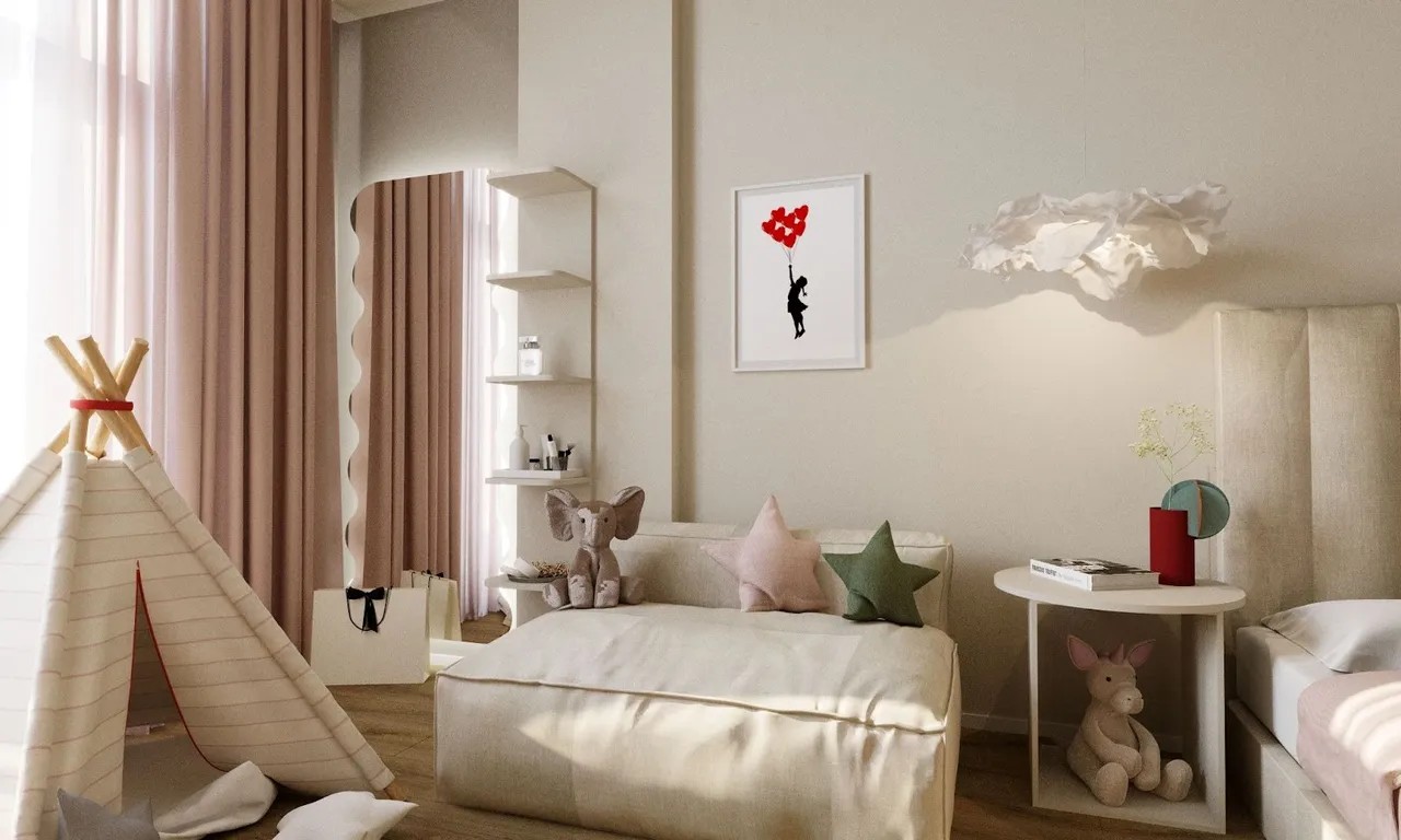 Mẫu phòng ngủ phong cách dễ thương cho bé gái 15 tuổi với gam màu be trung tính nhẹ nhàng kết hợp cùng các món đồ trang trí như tranh treo, đèn ngủ đẹp mắt