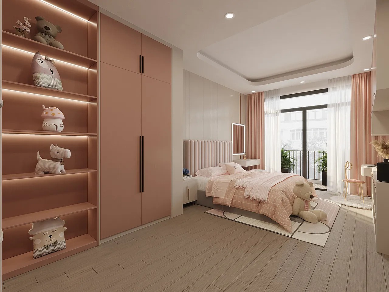 Tủ quần áo ấm tường với kích cỡ lớn màu hồng siêu xinh cho phòng ngủ