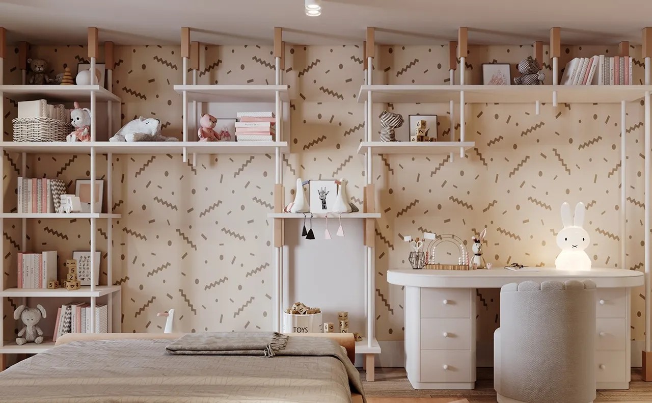 Kệ sách được thiết kế tối giản cho căn phòng của bé gái