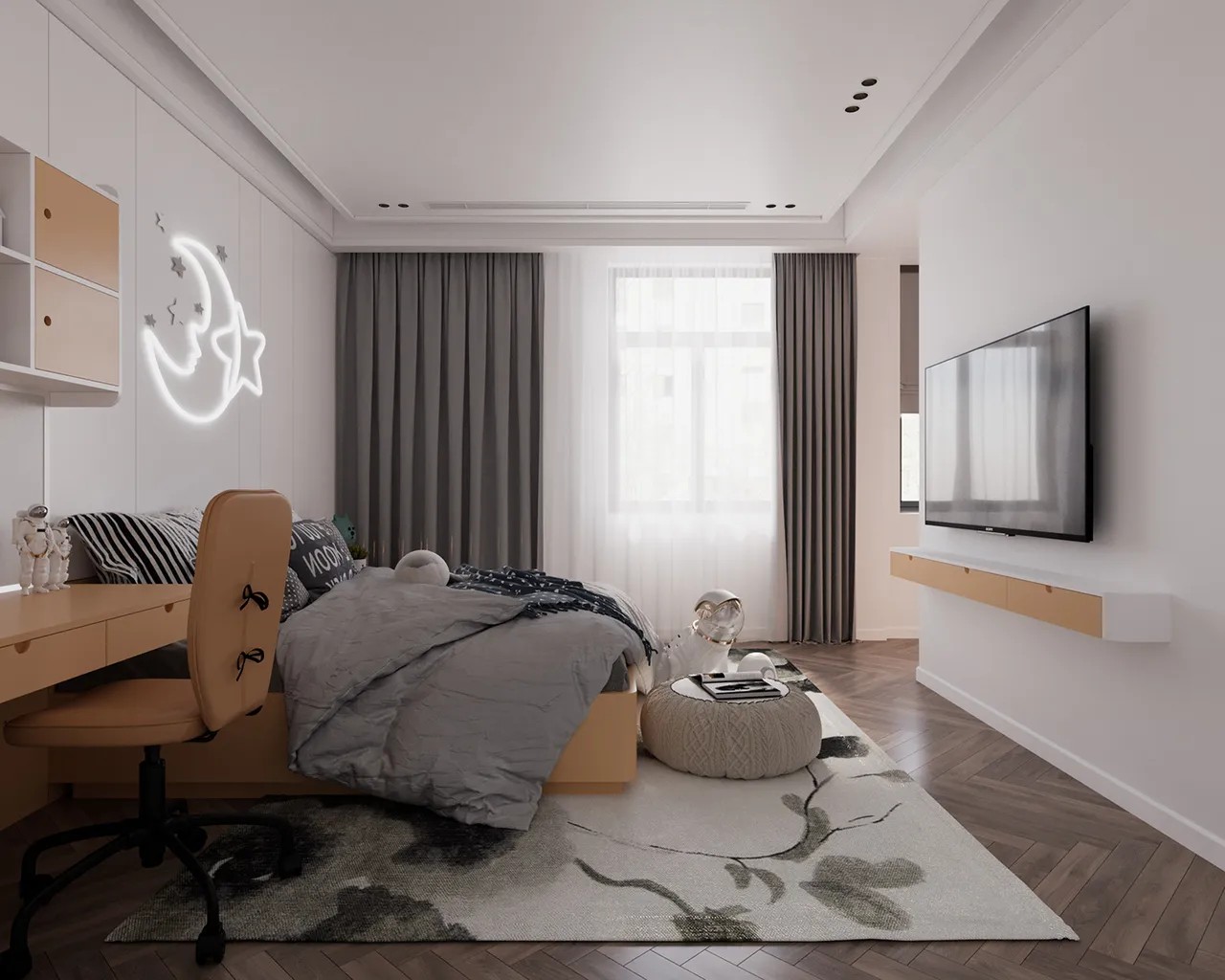 Tường trắng kết hợp hài hòa với nội thất vàng cam đẹp mắt