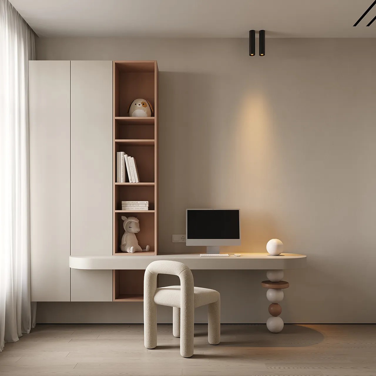 Góc học tập được trang bị đầy đủ bàn học và tủ sách gam màu nude nhẹ nhàng