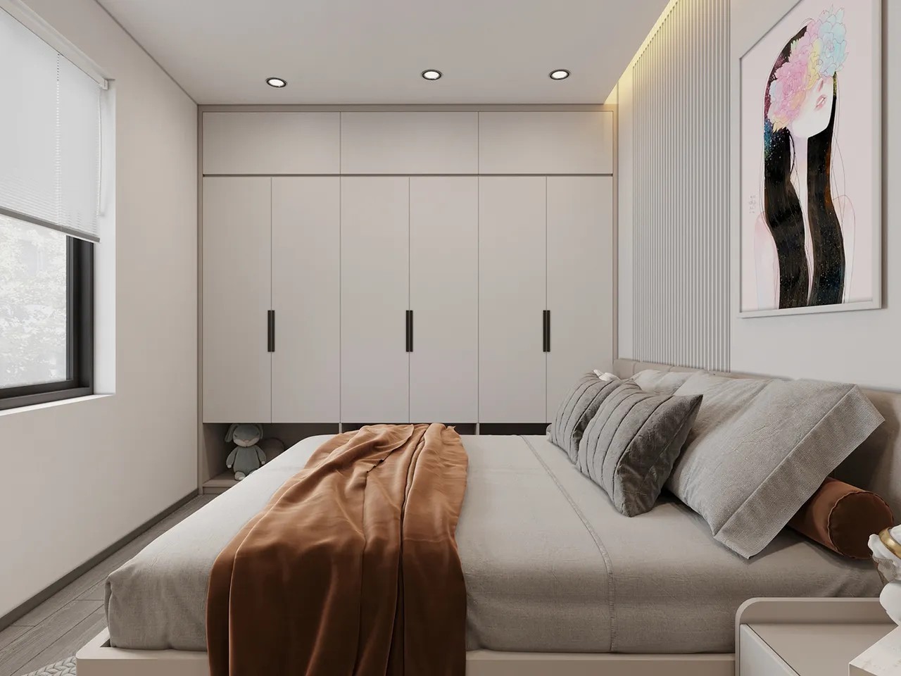 Tủ đồ lớn cùng tone với nền tường giúp căn phòng hài hòa hơn