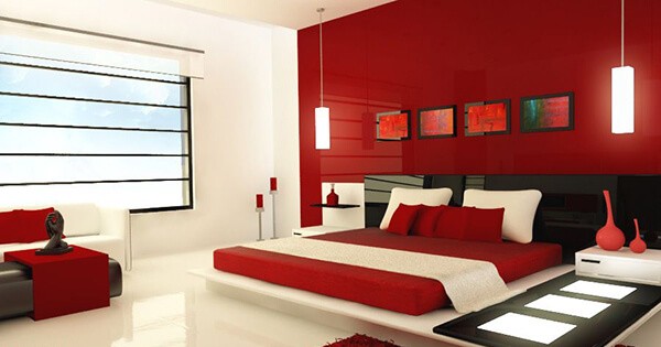 Phòng ngủ màu đỏ thiết kế hiện đại, minh họa phong cách thiết kế có thể áp dụng cho phòng ngủ mệnh Thủy với màu sắc phù hợp