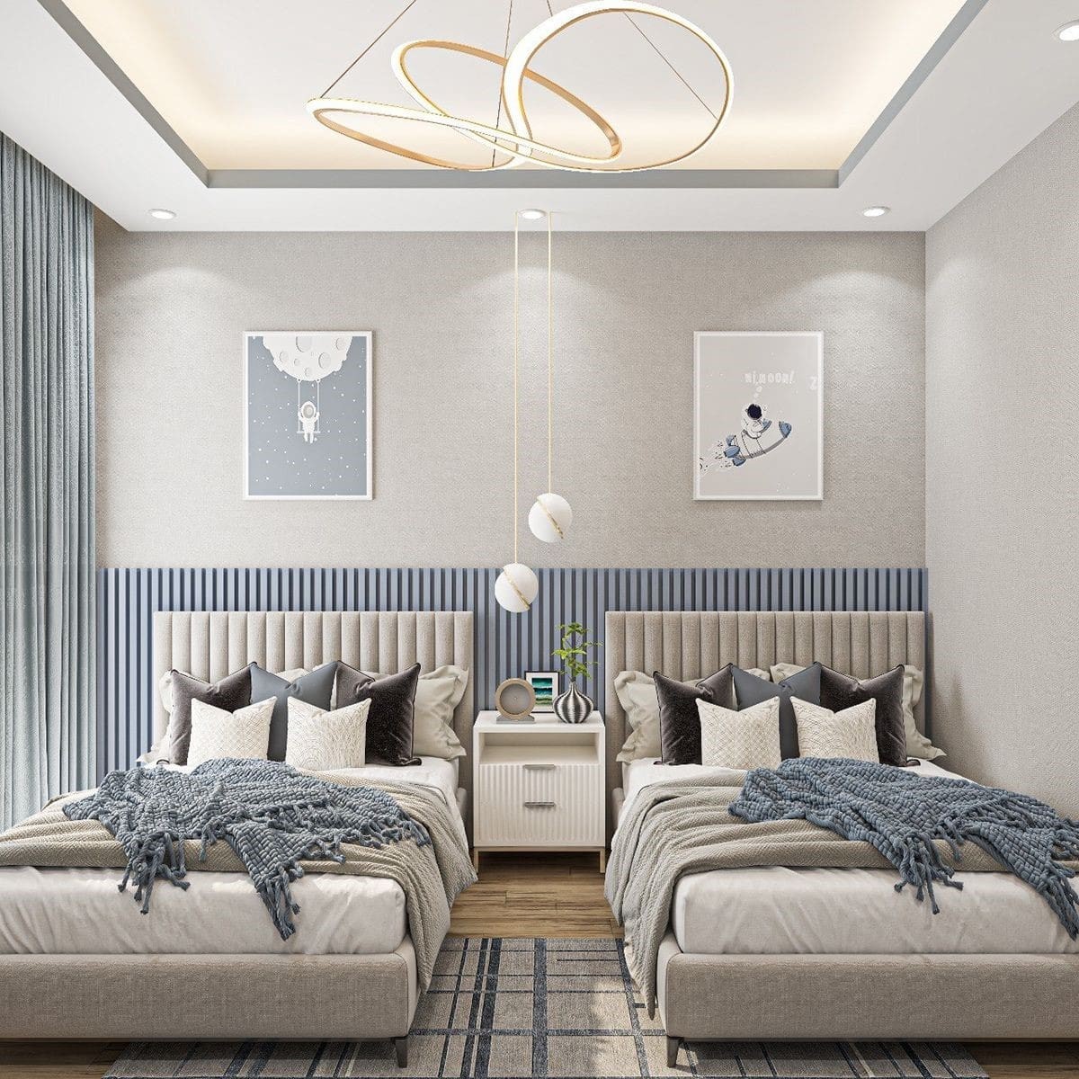 Phòng ngủ màu trắng xanh nhẹ nhàng cho 2 bé