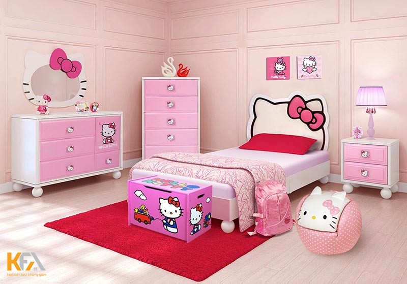 Phòng ngủ bé gái 8 tuổi với chủ đề Hello Kitty màu hồng