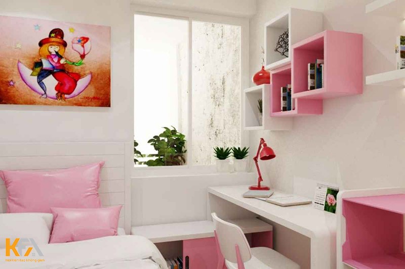 Kệ tủ và đèn nhấn nhá sắc hồng trong phòng ngủ
