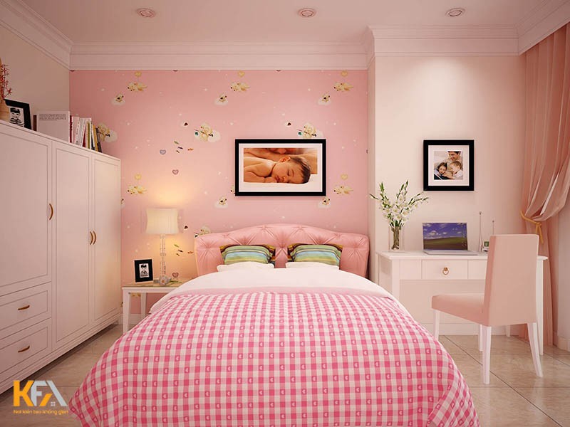 Sử dụng decal dán tường màu hồng họa tiết sinh động cho phòng ngủ nữ