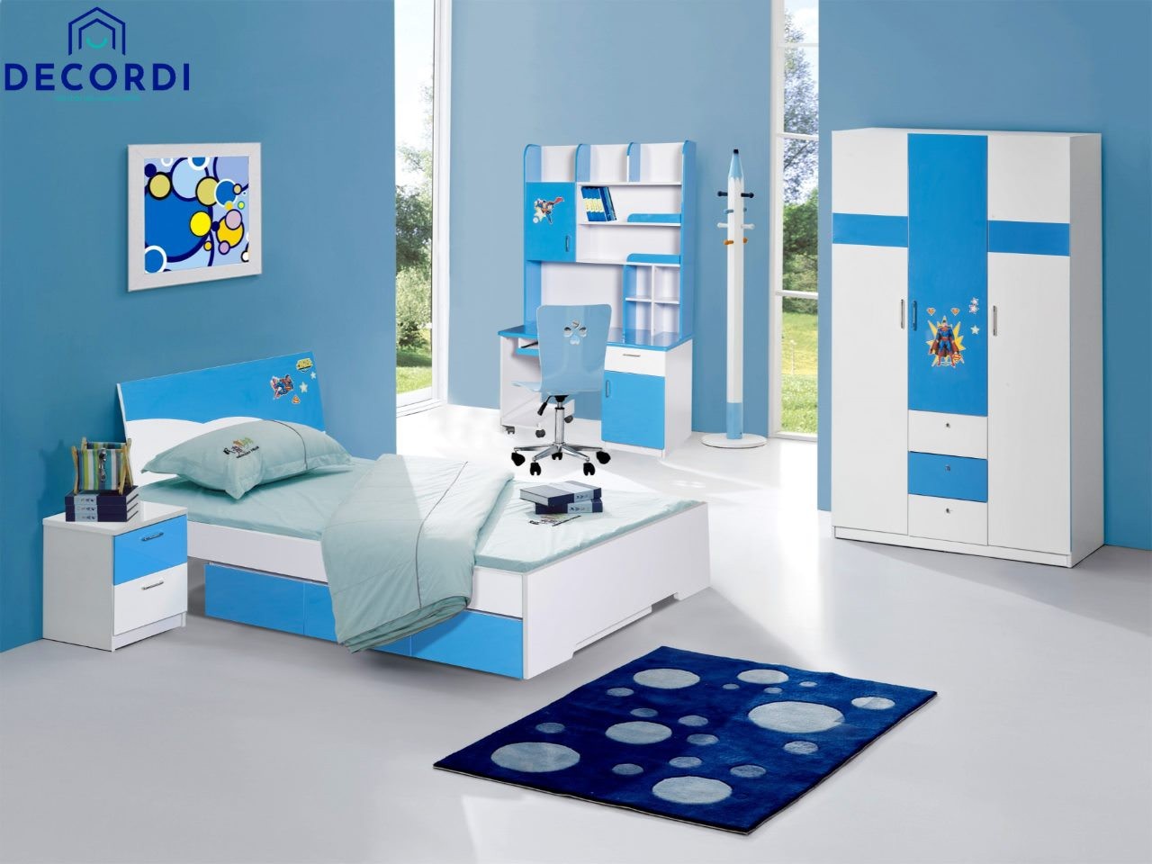 Mẫu thiết kế phòng ngủ full màu xanh dương nổi bật