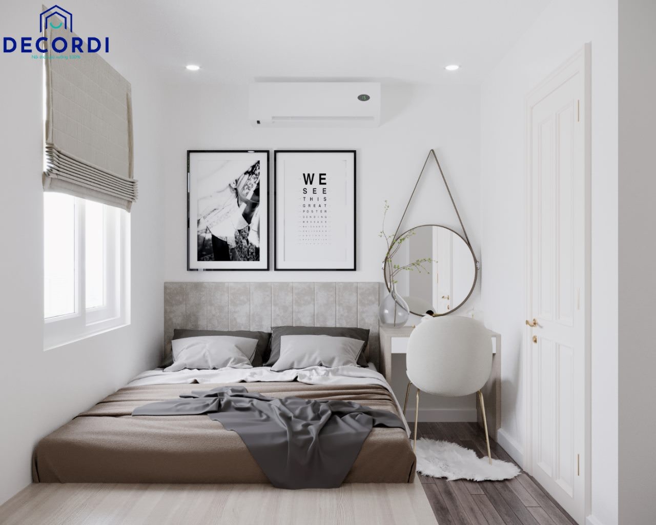 Phòng ngủ vợ chồng 10m2 màu trắng theo phong cách tối giản, bố trí giường bục có hộc kéo và bàn trang điểm đơn giản