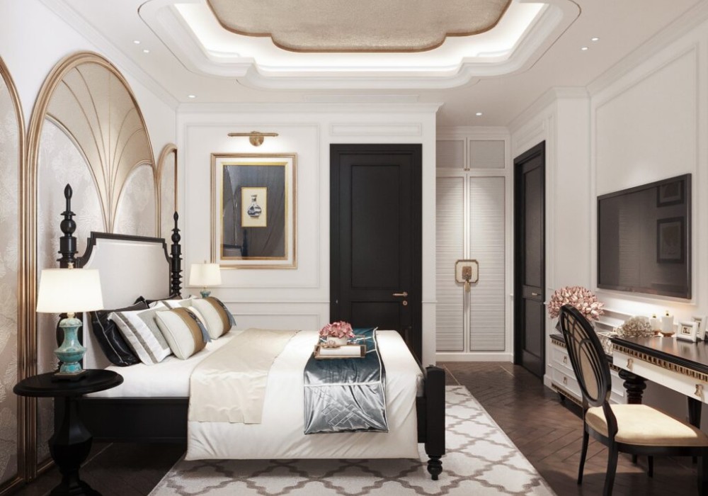 Vách đầu giường với họa tiết hoa văn Indochine
