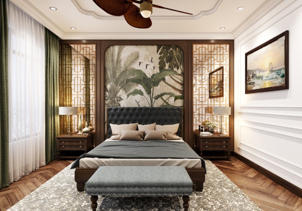 Giường ngủ phong cách Indochine với bức tường họa tiết