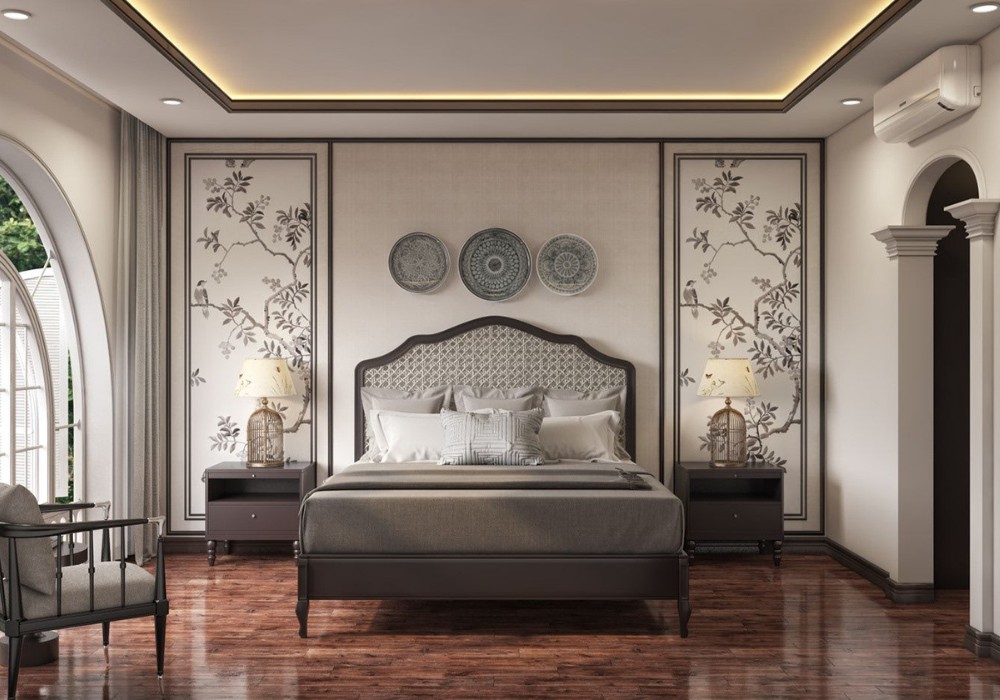 Thiết kế phòng ngủ Indochine với họa tiết trang trí ấn tượng