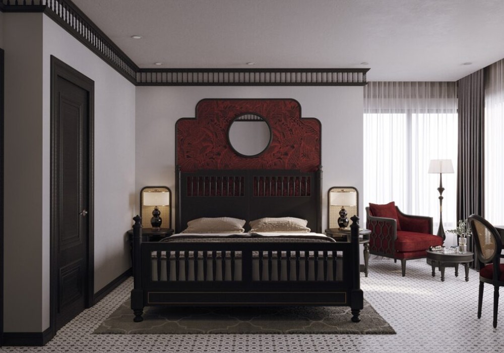 Thiết kế phòng ngủ Indochine sử dụng gỗ làm chất liệu chính