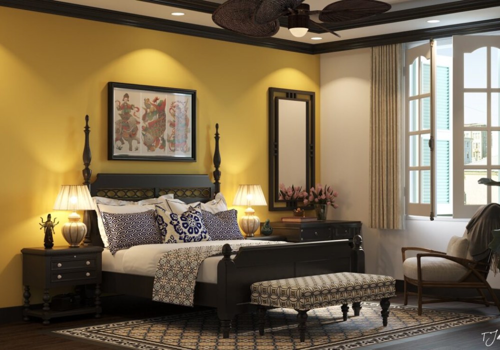 Phòng ngủ Indochine với điểm nhấn màu sắc nhiệt đới tươi sáng