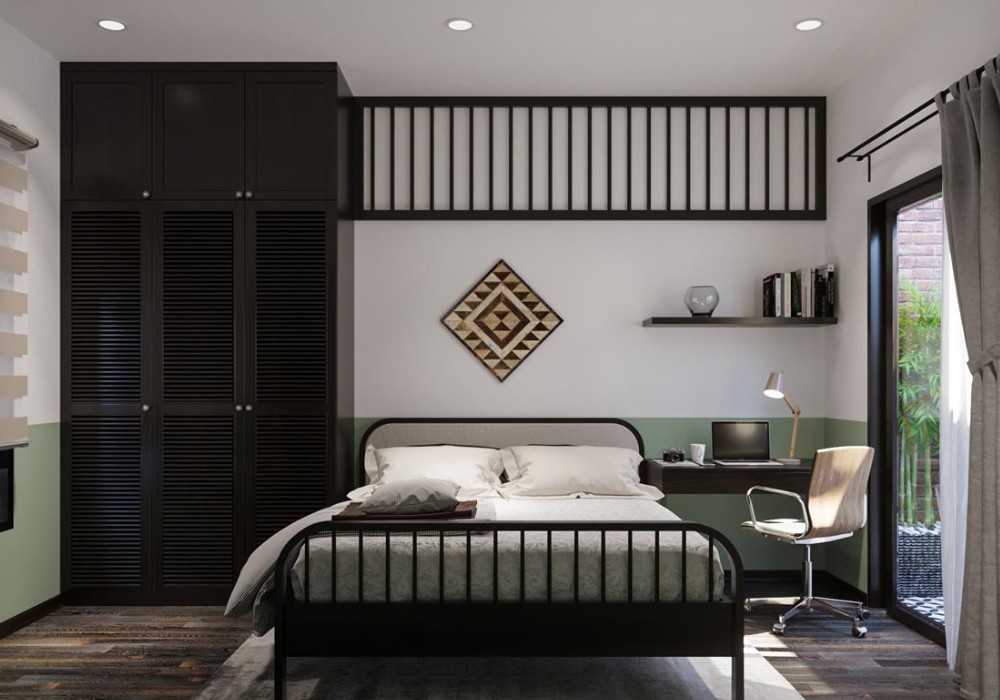Phòng ngủ Indochine tích hợp khu vực bàn làm việc