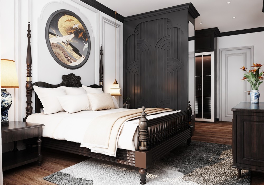 Phòng ngủ Indochine có khu vực thay đồ riêng biệt