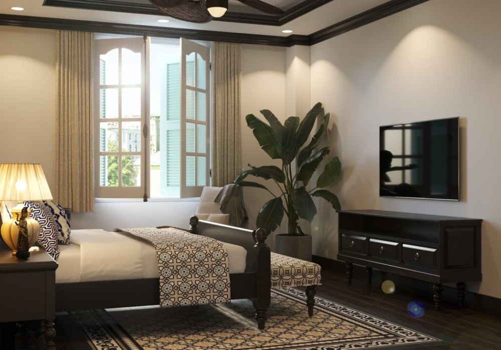 Mẫu phòng ngủ Indochine màu xanh lá cho người mệnh Mộc