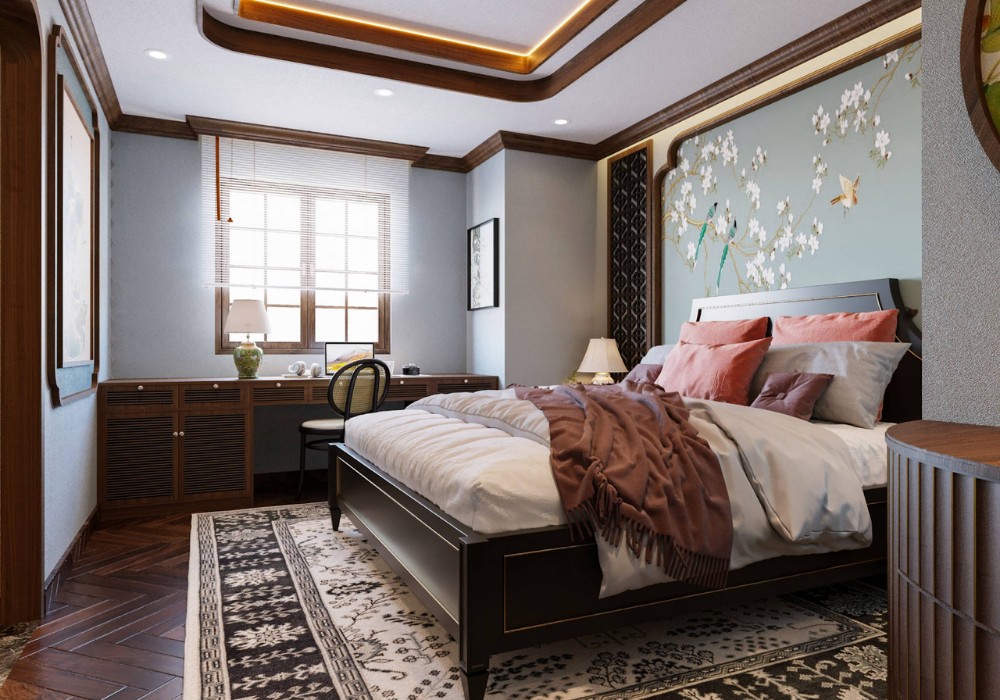 Thiết kế phòng ngủ Indochine tông xanh lam cho người mệnh Thủy