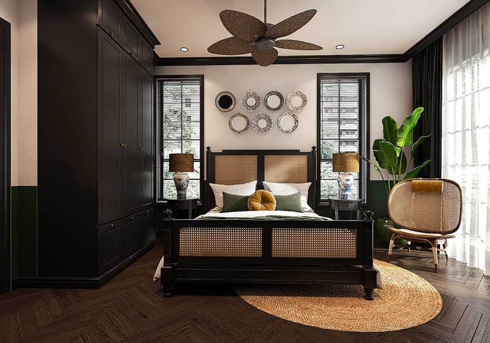 Nội thất phòng ngủ Indochine với chất liệu gỗ và tre mây