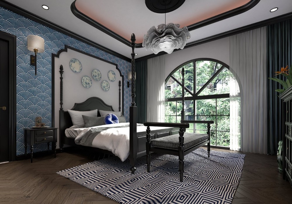 Phòng ngủ Indochine trang trí với bình phong và tranh ảnh Đông Dương
