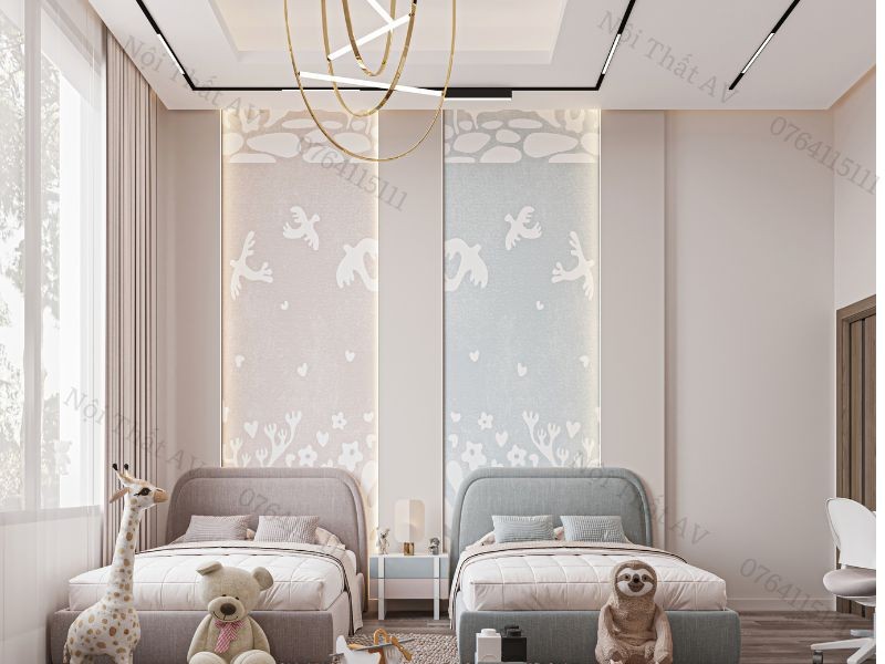 Bố trí giường đối xứng trong phòng ngủ 10m2 cho hai bé