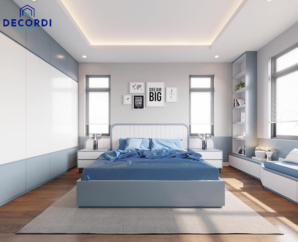 Phòng ngủ màu xanh da trời nhẹ nhàng, hiện đại cho nữ