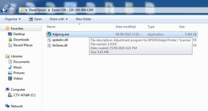Giao diện phần mềm reset máy in Epson L360 Adjprog